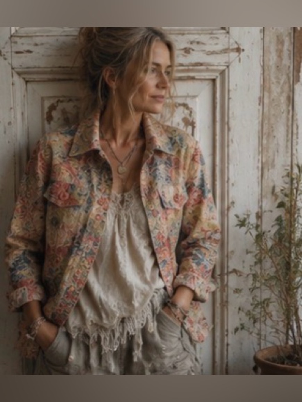 Joni B Floral Jacquard Embroidered Boho Button Front Jacket